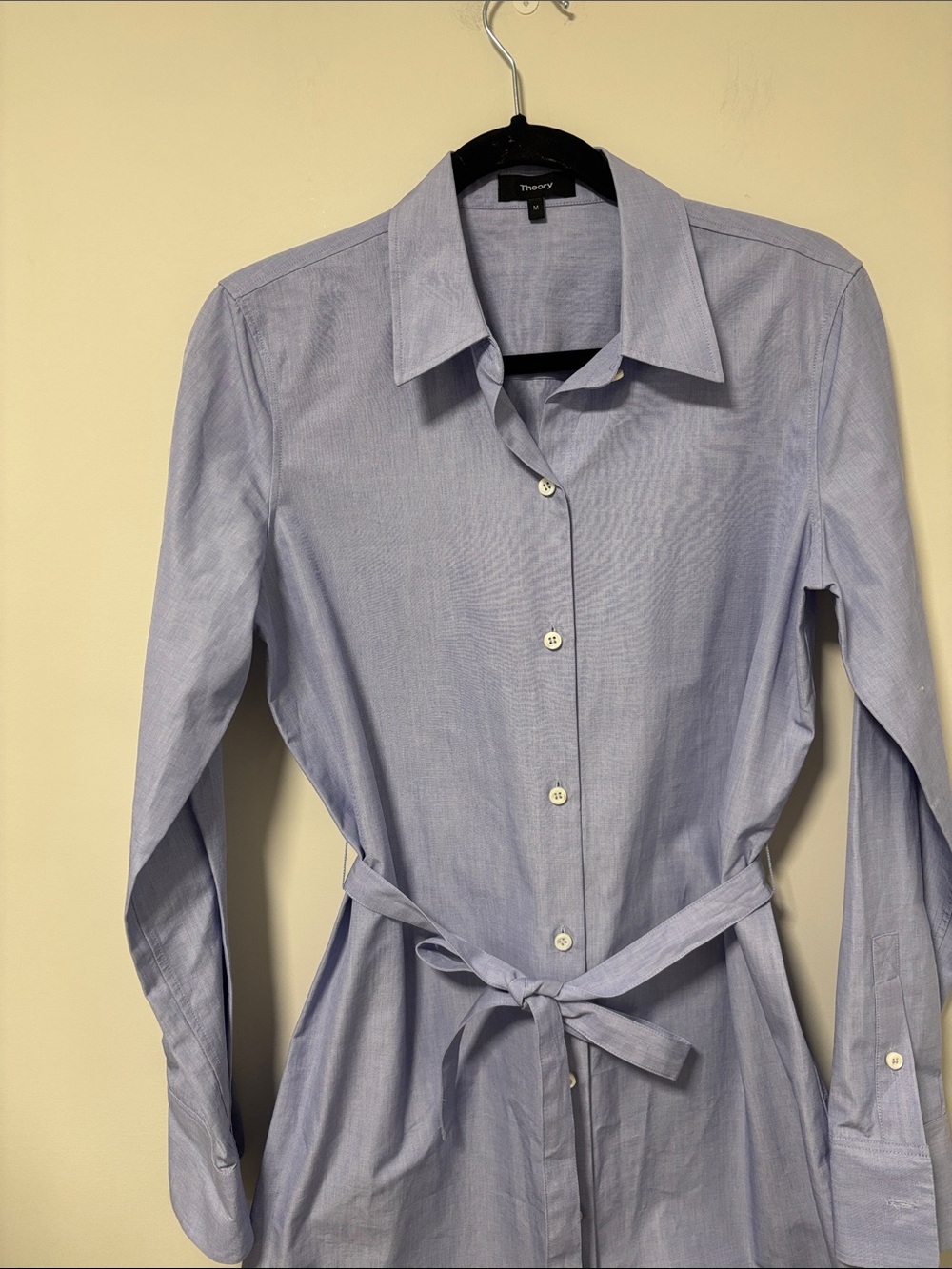 Theory Light Blue Long-Sleeve Shirt Dress with Waist Tie - Picture 5 of 9